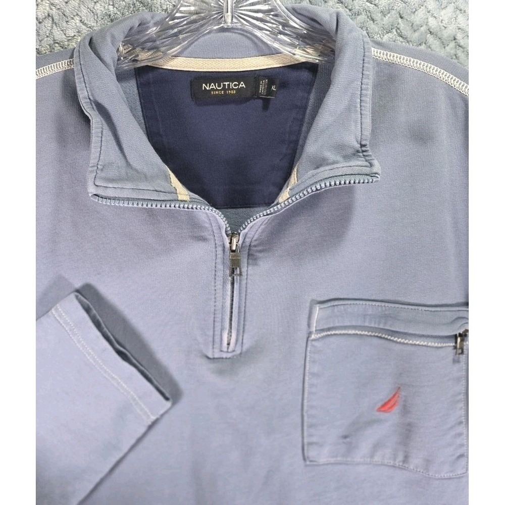 Y2K Nautica Light Blue 1/4 Zip Pullover Sweater‎ Mens Size XL Zip Pocket Fading